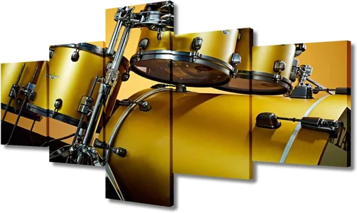 Miniatura 26 de Arte de pared en blanco y negro, kit de batería de jazz morado sobre fondo negro, pinturas de 5 paneles, lienzo, arte de pared para decoración