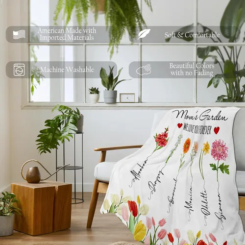 Miniatura 5 de D-Story BK-01 - Manta personalizada de jardín para mamá con nombres de niños, manta de jardín personalizada para abuela, manta de flores