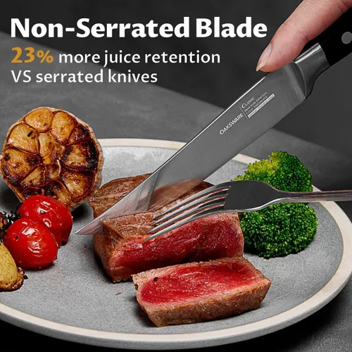 Miniatura 2 de OAKSWARE - Juego de 4 cuchillos para carne, no dentados, con mango ergonómico forjado de espiga completa, acero inoxidable alemán de alto carbono