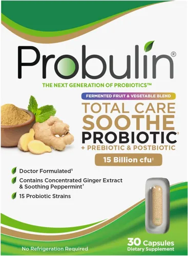Probulin Total Care Soothe Prebiótico, probiótico y postbiótico + jengibre y menta para calmar la digestión, 15 mil millones de UFC, 15 cepas, 30