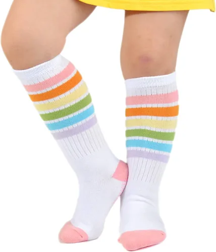 Miniatura 6 de EPEIUS Calcetines altos hasta la rodilla con rayas de arco iris para bebé, calcetines de tubo antideslizantes para uniforme de fútbol para niños