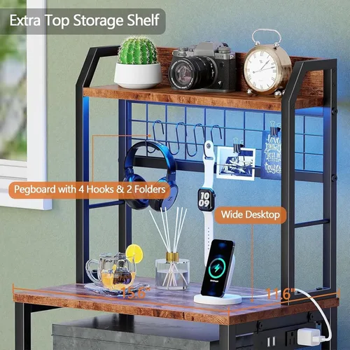 Miniatura 4 de Furologee Mesita de noche de 44'' de alto con estación de carga, mesita de noche con luces LED, mesa auxiliar con 3 cajones y estantes