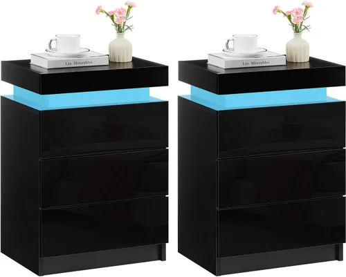 Miniatura 12 de TUKAILAi Mesita de noche con luz LED, moderna mesita de noche negra con tapa abatible, mesita de noche pequeña con 3 cajones de madera, mesa