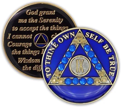 Miniatura 12 de Moneda de sobriedad de 10 años Ficha de aniversario de recuperación de medallón de chip AA cristalizado azul con oración de serenidad
