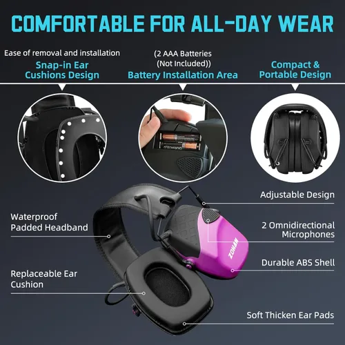 Miniatura 5 de ZOHAN EM054 Electronic Ear Protection for Shooting Range with Sound Amplification Noise Reduction, Ear Muffs for Gun Range C4-púrpura-con estuche