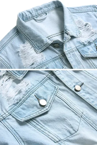 Miniatura 3 de LAMKUKU Chaqueta de mezclilla para hombre rasgada ajustada, abrigo de chaqueta vaquera para hombres