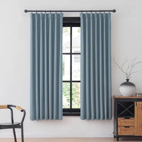 MYSKY HOME Dusty Blue Full Black Out Pinch Pleated Curtains 63 inches Long for Bedroom Linen Textured with Blackout Liners Blue Gray Thermal