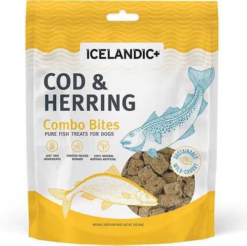Icelandic+ Bacalao y arenque Combo Bites Dog Treat Bolsa de 3.0 onzas