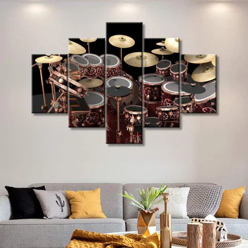 Miniatura 15 de Arte de pared en blanco y negro, kit de batería de jazz morado sobre fondo negro, pinturas de 5 paneles, lienzo, arte de pared para decoración