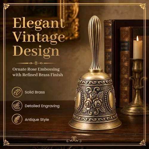 Miniatura 2 de DomeStar Campana de mano vintage de latón – Campana de llamada ruidosa para mesita de noche, cena, boda, Navidad y fiesta de vacaciones