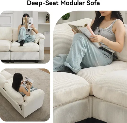 Miniatura 4 de Sofá biplaza modular de 61 pulgadas, asiento extra profundo para sala de estar, sofá de pana profundo con almohadas para reposabrazos, cosido