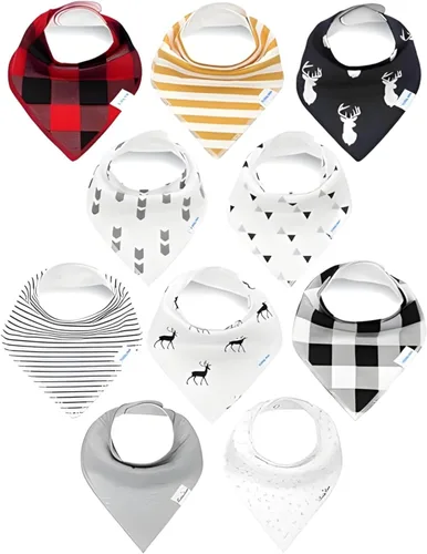 KiddyStar Drool Bibs for Babies – Organic, Unisex, Soft Absorbent Teething Bibs with Adjustable Snaps Paquete de 10 baberos de dentición de moda