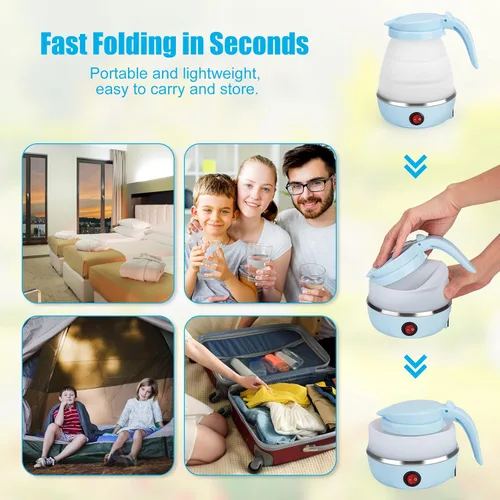 Miniatura 5 de Hervidor Eléctrico Plegable de Viaje, Hervidor Portátil para Agua Caliente Rápida para Té y Café, con 1 Tazón Plegable y 2 Tazas, Silicona de Grado