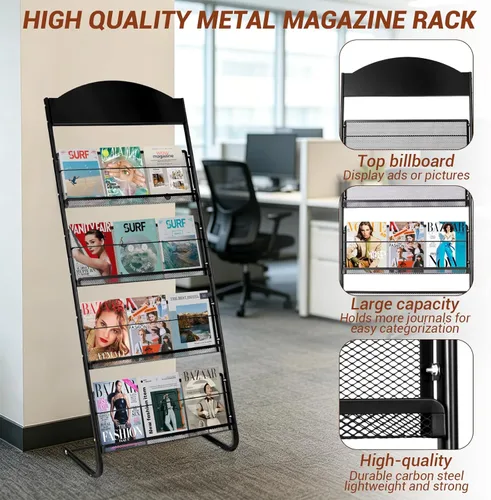 Miniatura 6 de 4-Tier Magazine Stand, 24.8'' Wide Iron Brochure Holder, Metal Newspaper & Literature Display Rack for Office, Waiting Room, Lobby, Classroom &