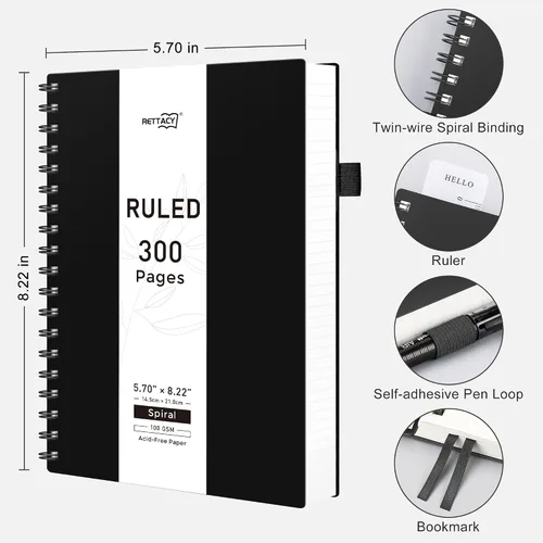 Miniatura 2 de RETTACY Cuaderno espiral rayado de tamaño medio A5, 300 páginas, para la escuela, el trabajo, la escritura, el diario, papel grueso de 100 g/m²
