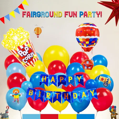 Miniatura 6 de Decoraciones de fiesta de cumpleaños con temática de circo e incluyen guirnalda de globos rojos, azules y amarillos y globos de papel de aluminio