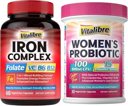 Vitalibre Suplemento de hierro para mujeres y hombres, con vitaminas C, B6, B12 y folato, probióticos para mujeres, 100 mil millones de UFC, 15