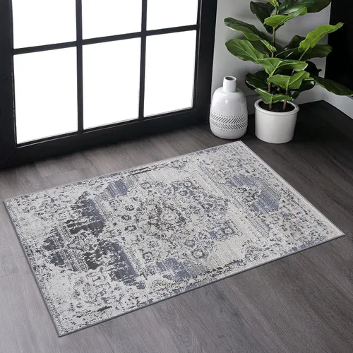Miniatura 49 de NAAR PAYAS Collection - Alfombra de área de 6 x 9 pies, diseño de medallón crema y azul, no se desprende, resistente a las manchas, para sala