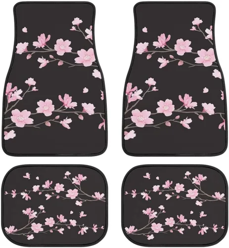 Miniatura 6 de Juego de 4 alfombrillas para piso de automóvil, diseño de flores con estampado de margaritas negras, alfombrillas delanteras y traseras