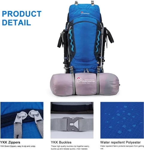 Miniatura 6 de MOUNTAINTOP Mochila de marco interno de 80L para hombre y mujer Mochila de senderismo con cubierta de lluvia Azul-80L