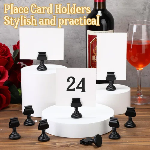 Miniatura 4 de Kathfly 24 soportes para números de mesa de boda de 1.7 pulgadas, de metal, color negro, mini tarjetero, soporte para letreros de mesa con clip
