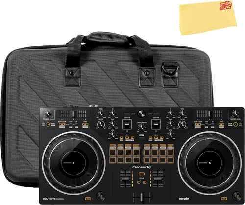 Pioneer DDJ-REV1 Controlador DJ de 2 canales estilo Scratch para Serato DJ Lite - Paquete negro con estuche para DJ, soporte para laptop y paño de