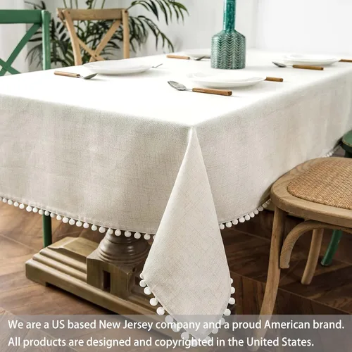 Miniatura 4 de DriftAway Mantel decorativo con borlas y pompones, de lino, rectangular, texturizado, para interiores y exteriores, comedor, buffet, cena, 55 Lino