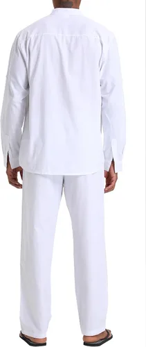 Miniatura 3 de Conjuntos de lino para hombre, camisas Henley, 2 piezas, trajes de vacaciones, ropa de playa, traje casual, camisa de manga larga, pantalones