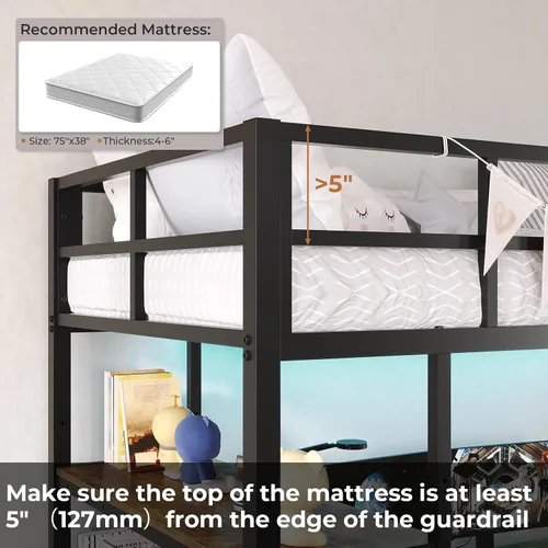 Miniatura 8 de DICTAC Cama alta individual con escritorio en forma de L, luces LED, estación de carga LED de metal para niños, cama tipo loft tamaño individual