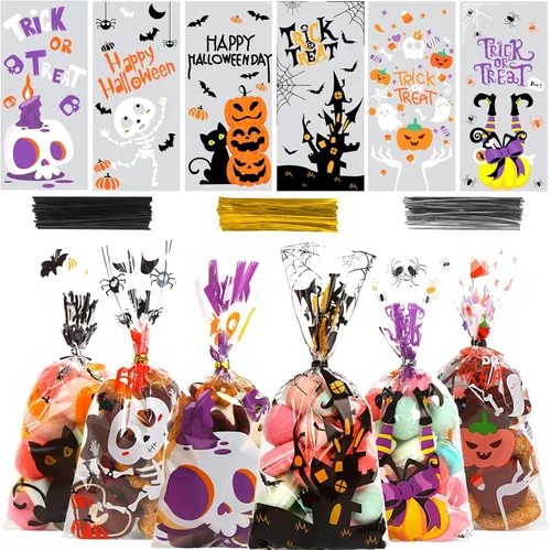 DIYASY Paquete de 180 bolsas de celofán de Halloween, bolsa de plástico para dulces para niños, bolsas transparentes para aperitivos, recuerdos de