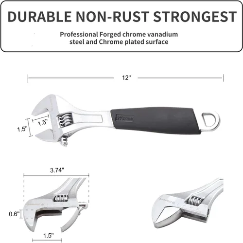 Miniatura 4 de Llave ajustable de 12 pulgadas, herramienta de mano profesional, mango suave Llave de goma negra