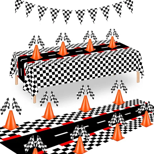 Miniatura 12 de Paquete de 6 conos de carreras naranjas de 7 pulgadas con agujeros en la parte superior, paquete de 12 banderas a cuadros, decoraciones de fiesta