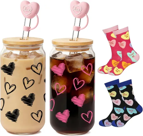 Miniatura 11 de Mason Life Vasos de Café Helado, Tazas de San Valentín Regalos para Ella Mujeres 18 OZ Taza de Corazones Vaso de Cerveza, Vasos para Beber en Pareja