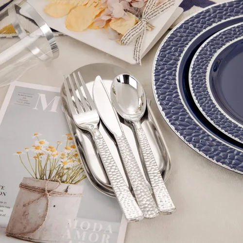 Miniatura 6 de Ciaell 150 platos de plástico azul y plateado – El plato desechable azul incluye 50 platos, 25 cuchillos, 25 tenedores, 25 cucharas, 25 tazas