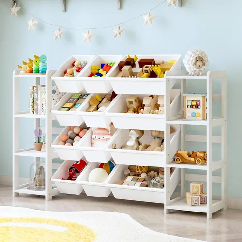 Miniatura 10 de MallBest Organizador de almacenamiento de juguetes extra ancho con 12 contenedores y estantes dobles, estante de madera de pino maciza para niños