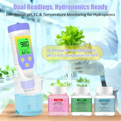 Miniatura 2 de Medidor de pH para hidroponía de agua, probador de sal TDS EC de pH 5 en 1 para solución nutritiva de agua, visualización simultánea de temperatura