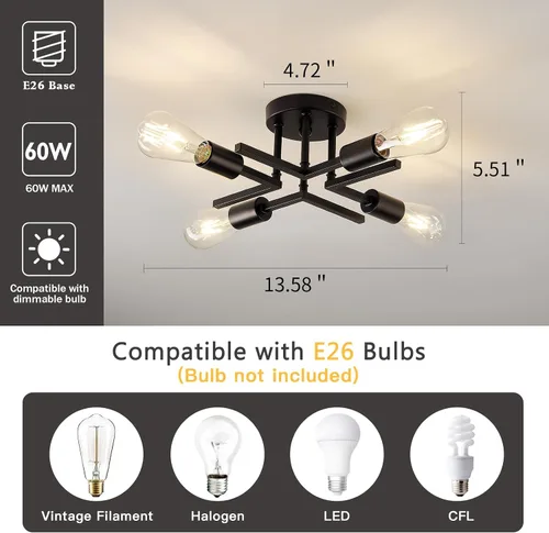 Miniatura 2 de Accesorio de Lámpara de Techo Industrial Semiempotrada de 4 Luces, Candelabro Sputnik Moderno de Metal Negro con Base de Bombilla E26, Luz Pegada al