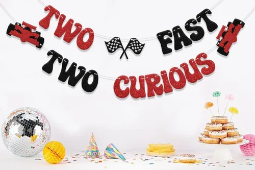 Miniatura 6 de Cartel de Two Fast Two Curious, decoración de segundo cumpleaños de niño para carreras de segunda fiesta, suministros de fiesta de auto de carreras