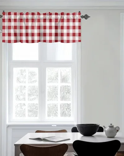 Miniatura 7 de Cortina de cenefas de granja para cocina, cafetería, moderna cenefa de ventana a cuadros rojos y blancos, cortinas cortas de 42 x 12 pulgadas