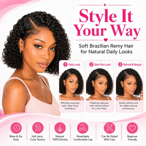 Miniatura 2 de Peluca de cabello humano rizado profundo de 12 pulgadas para mujer, peluca de encaje frontal sin pegamento, cabello Remy brasileño rizado Jerry