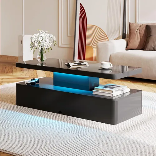 Miniatura 7 de MXV - Mesa de café moderna, mesas de café de 40 pulgadas con luces LED de 16 colores, mesa central rectangular de 2 niveles, gran espacio de 40