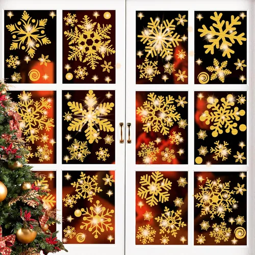 Miniatura 6 de Adhesivos de Copos de Nieve Dorados con Purpurina para Ventanas 147 PCS Copos de Nieve Brillantes para Ventanas Decoraciones de Paraíso Invernal Oro