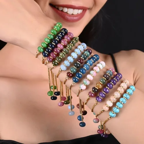 Miniatura 5 de Gempires - Pulsera de cuentas redondas naturales, chapada en oro amarillo de 14 quilates, joyería hecha a mano, pulseras ajustables para mujer