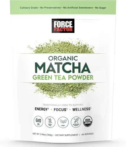 Force Factor Té verde matcha orgánico en polvo para energía, concentración y bienestar diario, grado culinario, certificado por USDA, sabor