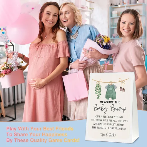 Miniatura 4 de Measure the Baby Bump - Juego de juego para baby shower, 1 letrero de pie con 50 tarjetas de adivinanzas, ropa de bebé, suministros de decoración