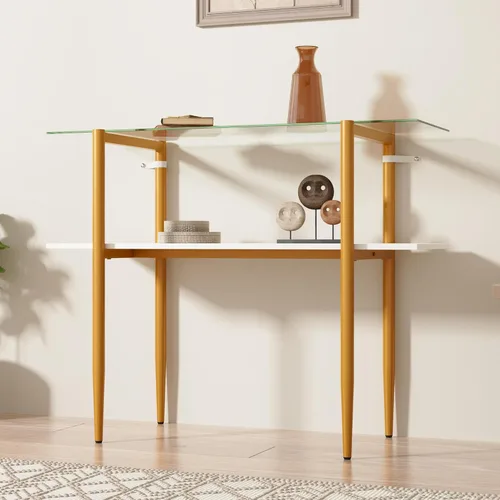 Miniatura 6 de Furnify Mesa de sofá de vidrio, mesa de entrada de estilo moderno de mediados de siglo con vidrio templado y patas doradas, mesa de 2 niveles detrás