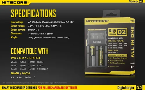 Miniatura 2 de Nitecore D2 cargador inteligente versión 2015 con pantalla LCD para Li-ion, IMR, LiFePO4 26650 22650 18650 17670 18490 17500 18350 16340 RCR123