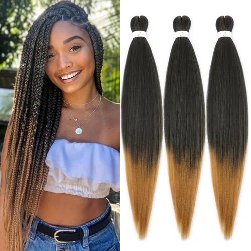 Miniatura 63 de Cabello trenzado marrón preestirado de 30 pulgadas, 3 paquetes de cabello trenzado preestirado de color 30 EZ, textura Yaki, extensiones de cabello
