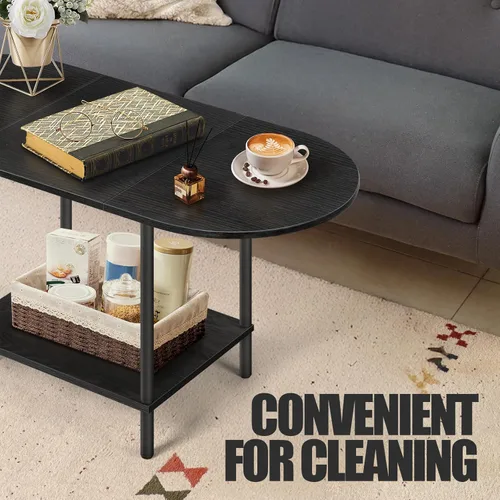 Miniatura 7 de Mesas de café negras para sala de estar, mesa de centro oval pequeña de mediados de siglo con estante de almacenamiento y tablero de madera, mesa
