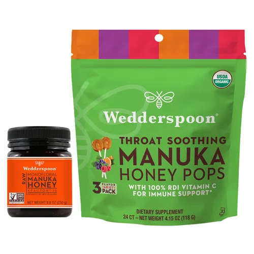 Wedderspoon Raw Premium Manuka Honey KFactor 16 (8.8 onzas, paquete de 1) y paletas de miel de Manuka (24 unidades, paquete de 1) – Miel de Nueva